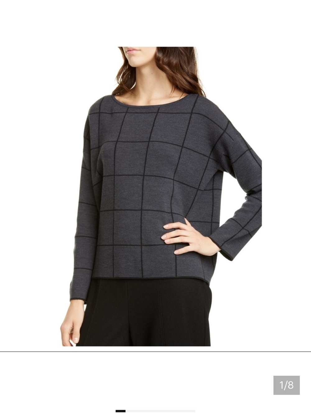 Eileen Fisher Gray Black Windowpane Merino Wool Blend Boxy Sweater 2XL